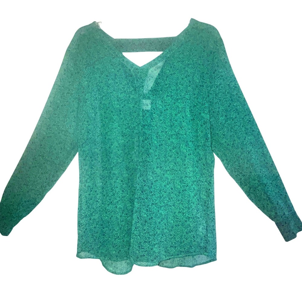 Cabi Green Floral V-Neck Long Sleeve Sheer Blouse with Back Cutout Detail 5208 - Picture 2 of 10